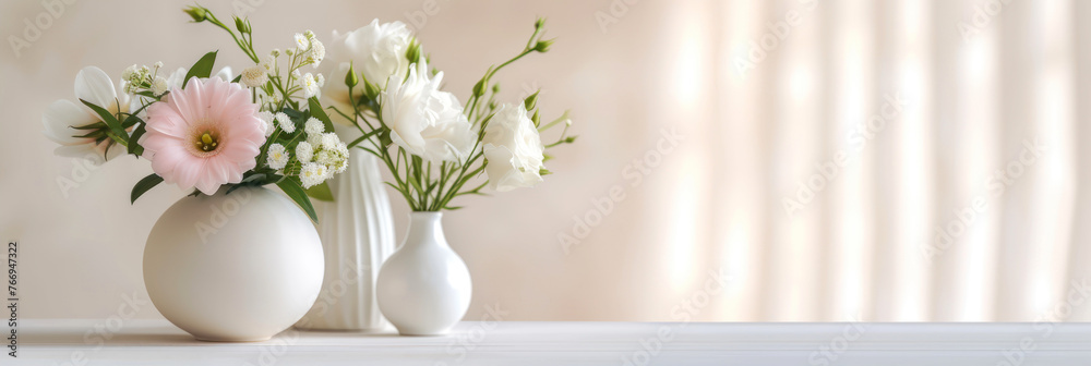 Bouquet of beautiful flowers in white vase on white wood table. Bouquet of beautiful flowers in white vase on white wood table.