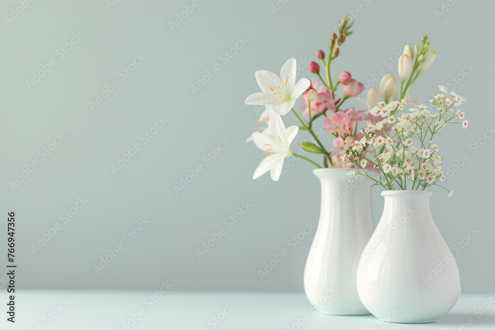 White vase with spring flowers on pastel background, copy space