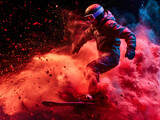 Snowboarder soaring through a pink cloud of powder in the world of sports. AI generated. 