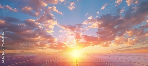 solar panels under sky with clouds at sunrise