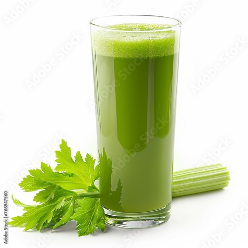 Celery juice in a tall glass, fresh and green, isolated on white, celery stalk lean digital photography