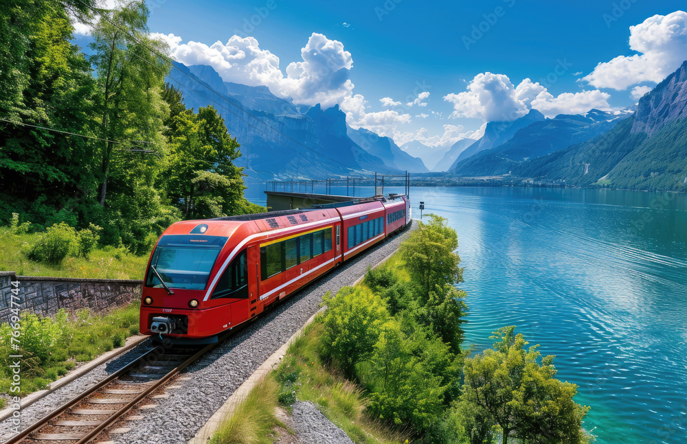 Red train passing through the Alps, lake and greenery in summer time. Luxury vintage passenger travel in the style of electric red cars for sightseeing tour of Europe