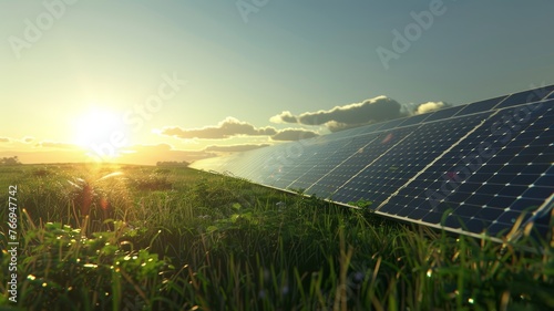 solar panels on the field under clear blue sky and sun