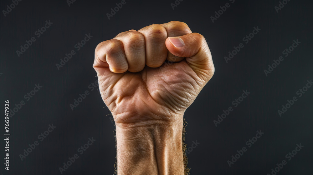 A fist is raised in the air with the thumb pointing up A fist is raised in the air with the thumb pointing up