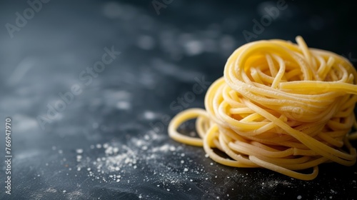 Close up spaghetti pasta on black background. Top view with copy space