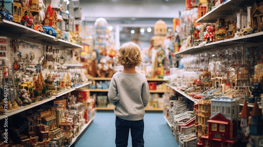 A young child stands in a toy store aisle