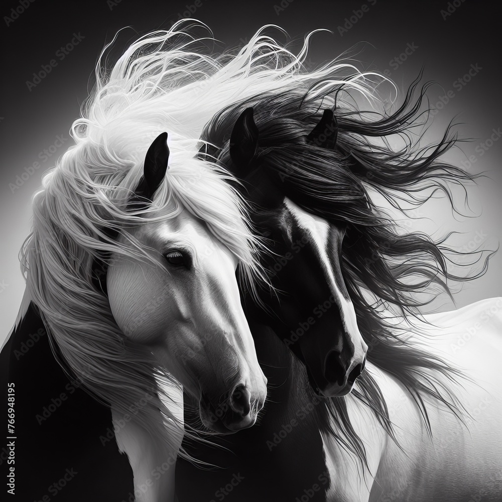 A white and a black horse intertwine their heads, their wild manes ...