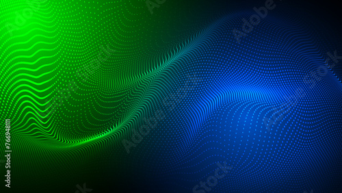 Abstract futuristic blue and green waves with moving dots form the background  flowing particle effect and glitch aesthetic. Ideal for use in brochures  flyers  magazines  business cards  and banners