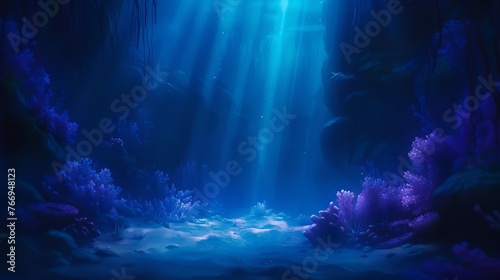 Underwater scene view of sandy sea bottom and the sunbeams over the coral reef.