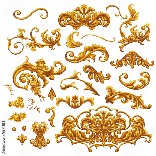 Set of golden decorative elements in Baroque style © Maria