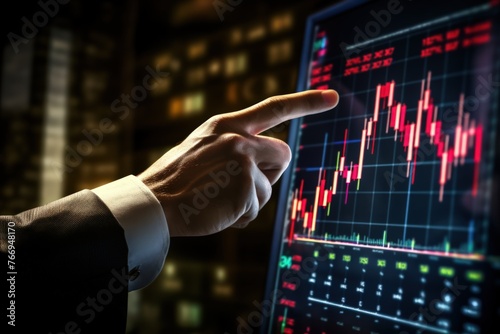 A man pointing at a stock market graph on a computer screen
