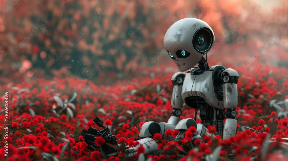 A 3D animation of a somber robot sitting amongst vivid red flowers, evoking a poignant contrast between technology and nature, stirring emotions and reflection on artificial intelligence A 3D animation of a somber robot sitting amongst vivid red flowers, evoking a poignant contrast between technology and nature, stirring emotions and reflection on artificial intelligence