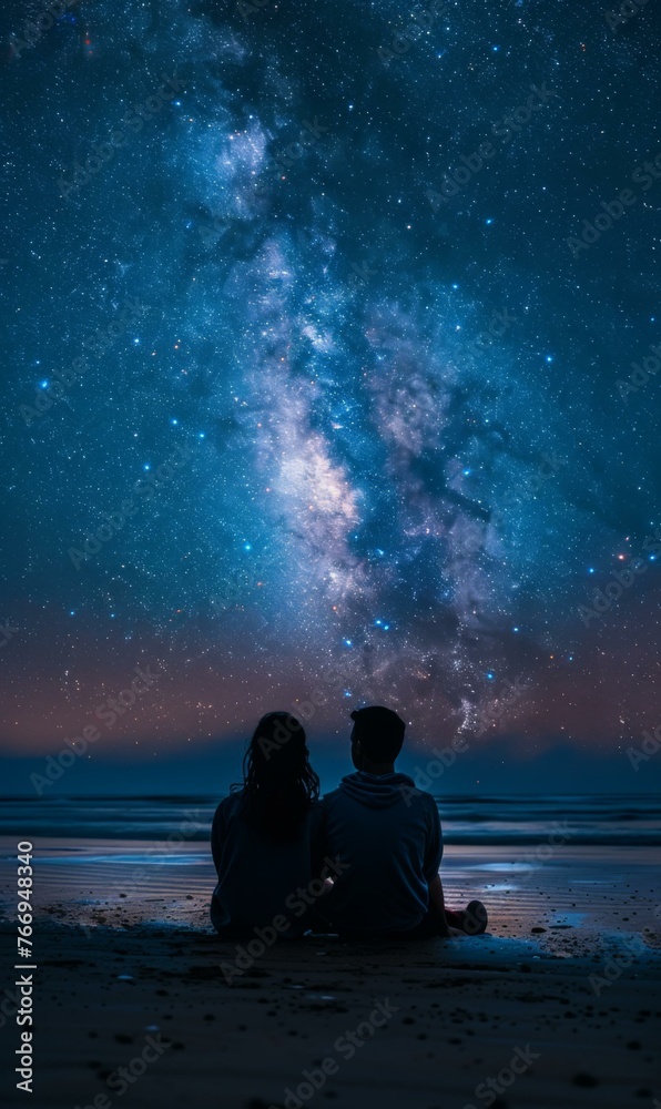 Two people sitting on the beach looking up at a milky way. Generative AI.