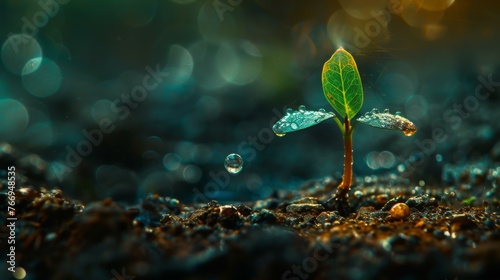 A small plant from the ground with water droplets on it. Generative AI.