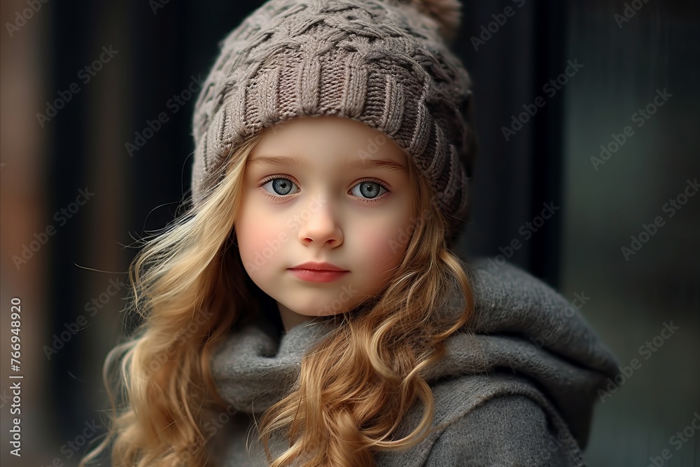 portrait of a little girl in a gray coat and hat. portrait of a little girl in a gray coat and hat.