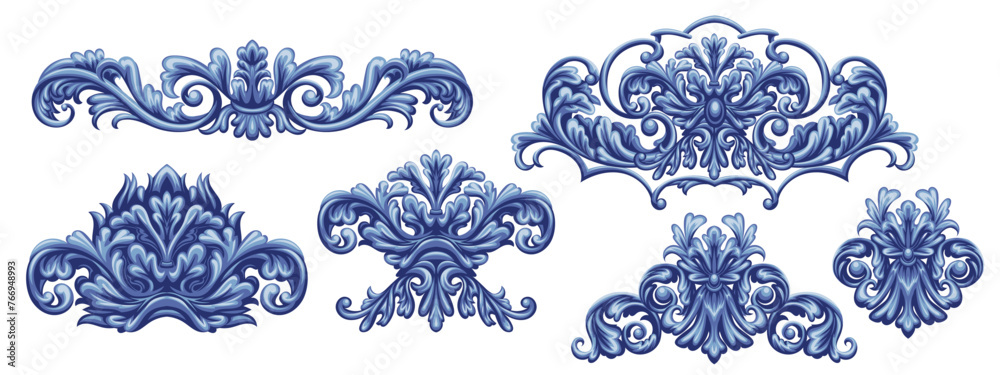 Naklejka premium Set of blue decorative elements in Baroque style