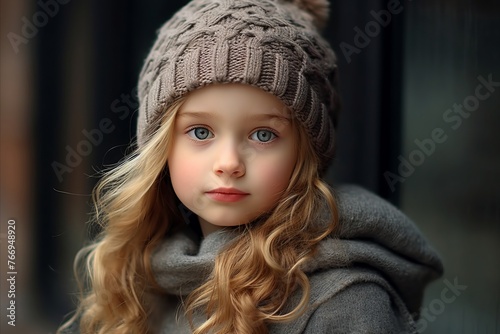 portrait of a little girl in a gray coat and hat.