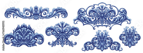 Set of blue decorative elements in Baroque style