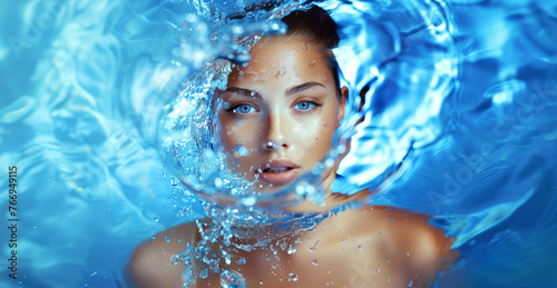 beautiful woman in water, blue background, water splashes around her face, blue color theme, beautiful eyes
