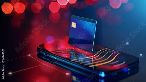 A 3D animation of a secure smartphone transaction with a digital payment card emerging and a wave of data particles, highlighting concepts of mobile banking, cybersecurity, and modern finance. photo