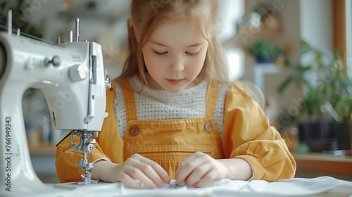 8 years old child studying work with sewing machine. Little girl carefully working with modern sewing machine. Hand made clothes concept. Hobby for children. Girl practicing to sew