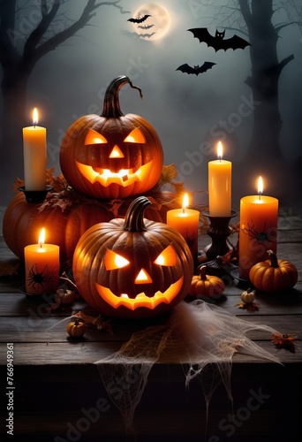 Jack O Lantern. Carved glowing pumpkin and candles on table, on fog background. Concept poster of Halloween. Copy space.