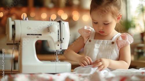 6 years old child studying work with sewing machine. Little girl carefully working with modern sewing machine. Hand made clothes concept. Hobby for children. Girl practicing to sew