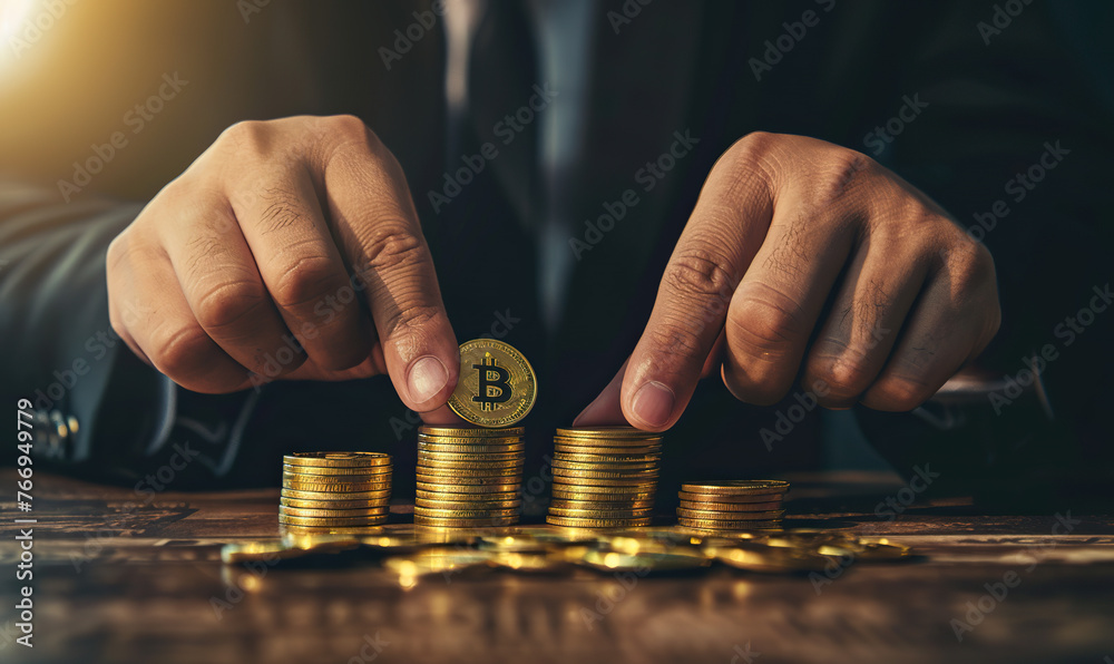 A man is holding a stack of gold coins with a B on them. The coins are piled on top of each other, and the man is looking at them with a serious expression. Concept of wealth and importance - obrazy, fototapety, plakaty 