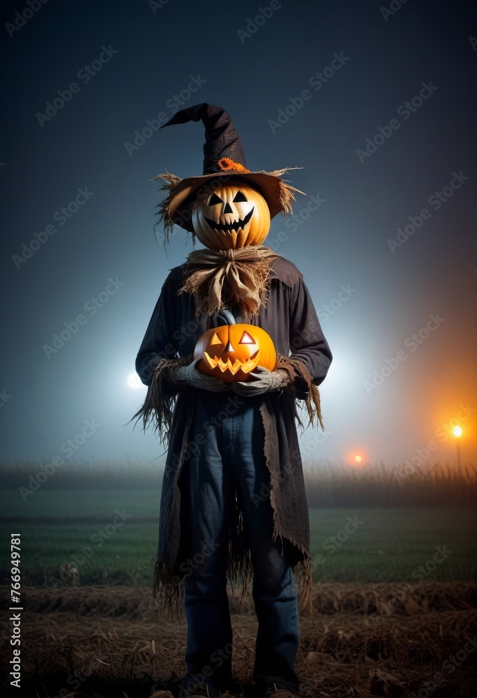 Jack O Lantern. A terrible scarecrow in old clothes and a pumpkin's head, on a foggy field. Concept poster of Halloween. - obrazy, fototapety, plakaty 