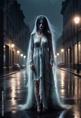 A scary woman in an old dirty white dress, a ghost in a foggy night. The concept of Halloween poster, image dead horror.
