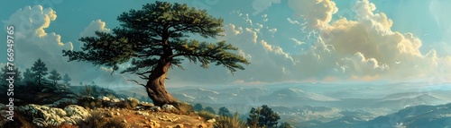 Majestic Cedar Tree Stands Tall Amidst Dramatic Mountain Landscape of Proud and Noble Splendor