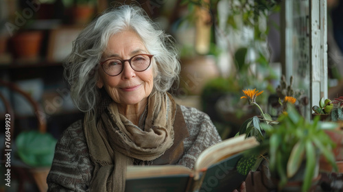 Portrait of a happy mature woman sitting on the terrace with a book. Book Day. Copy space