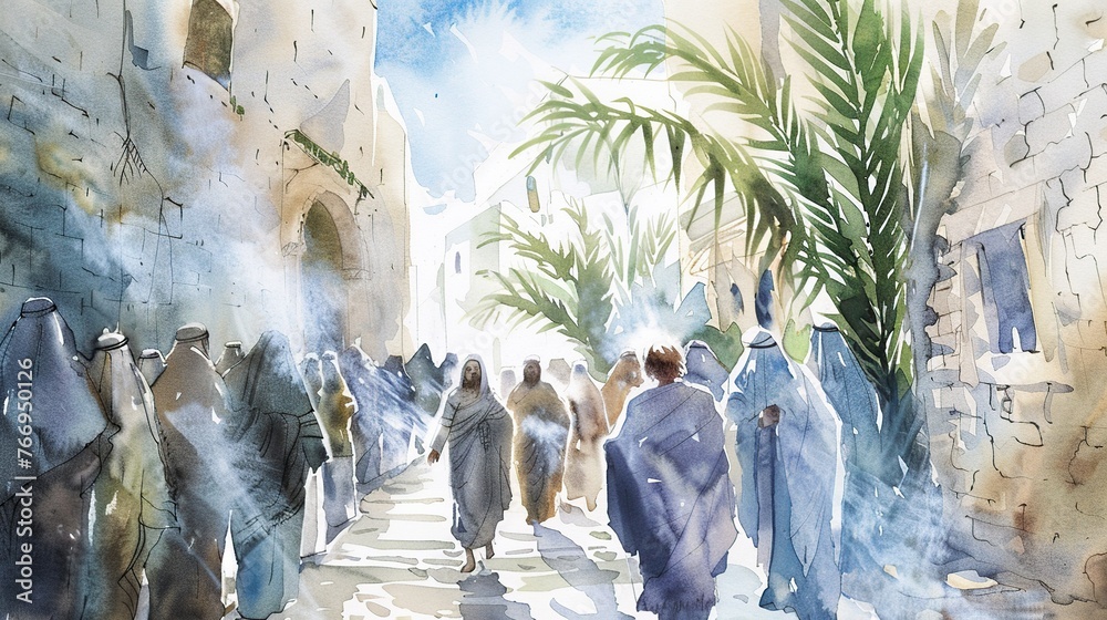 Naklejka premium watercolor painting of jesus christ entering jerusalem