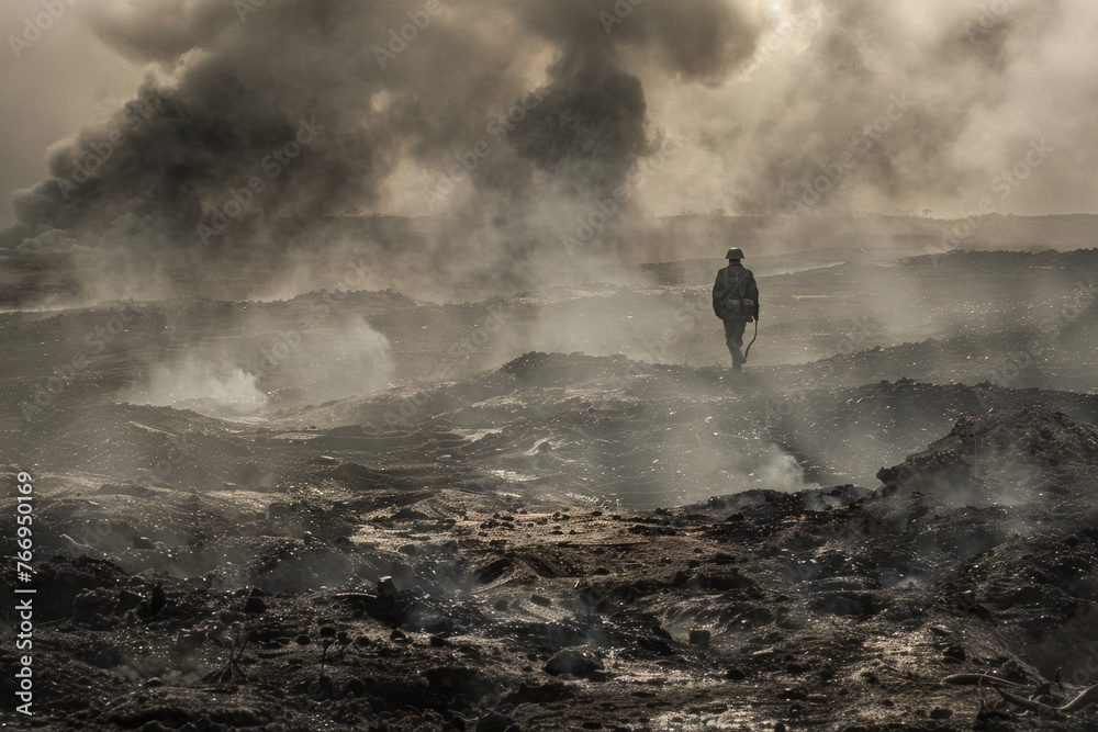 A lone figure walks through a desolate, smoky landscape evoking a post-apocalyptic scene.
