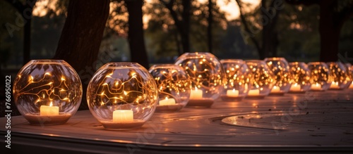 A row of glass candle holders with amber candles inside, creating a beautiful still life photography display on a table in the city
