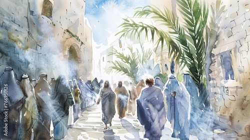 watercolor painting of jesus christ entering jerusalem