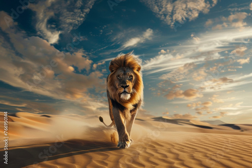 Majestic lion striding powerfully across the desert under a dramatic sky.