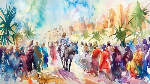 watercolor painting of jesus christ entering jerusalem photo