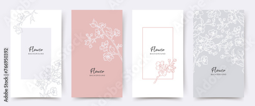 Floral background. Elegant pattern with spring blooming branches and flowers in pastel gray and pink colors. Editable vector template for social media post, card, cover, wedding invitation, poster