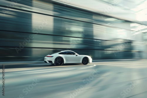 A white sports car races through an urban landscape, its speed blurred into the sleek lines of modernity.