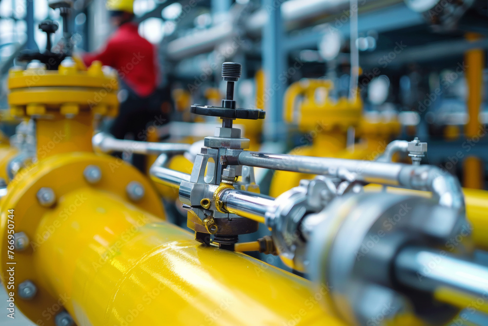 Detailed view of industrial gas pipeline with valves and connections in a modern factory setting.