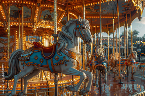 Prince Charming Regal Carousel attraction at Disneyland Paris.Having fun concept photo