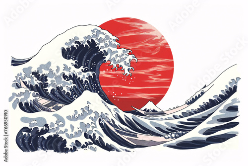 Stylized wave with red sun in traditional Japanese style photo