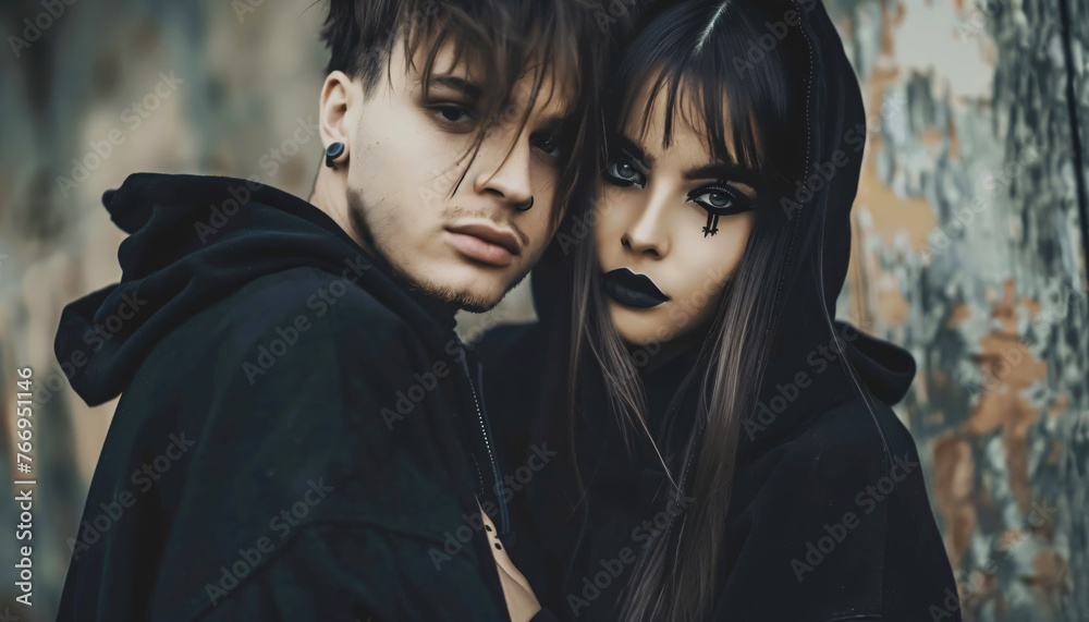 young gothic couple in love - a girl and a guy with street clothes