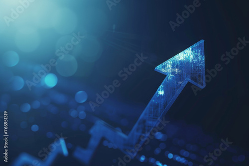 Blue upward arrow shining on a dark background, symbolizing growth and success.