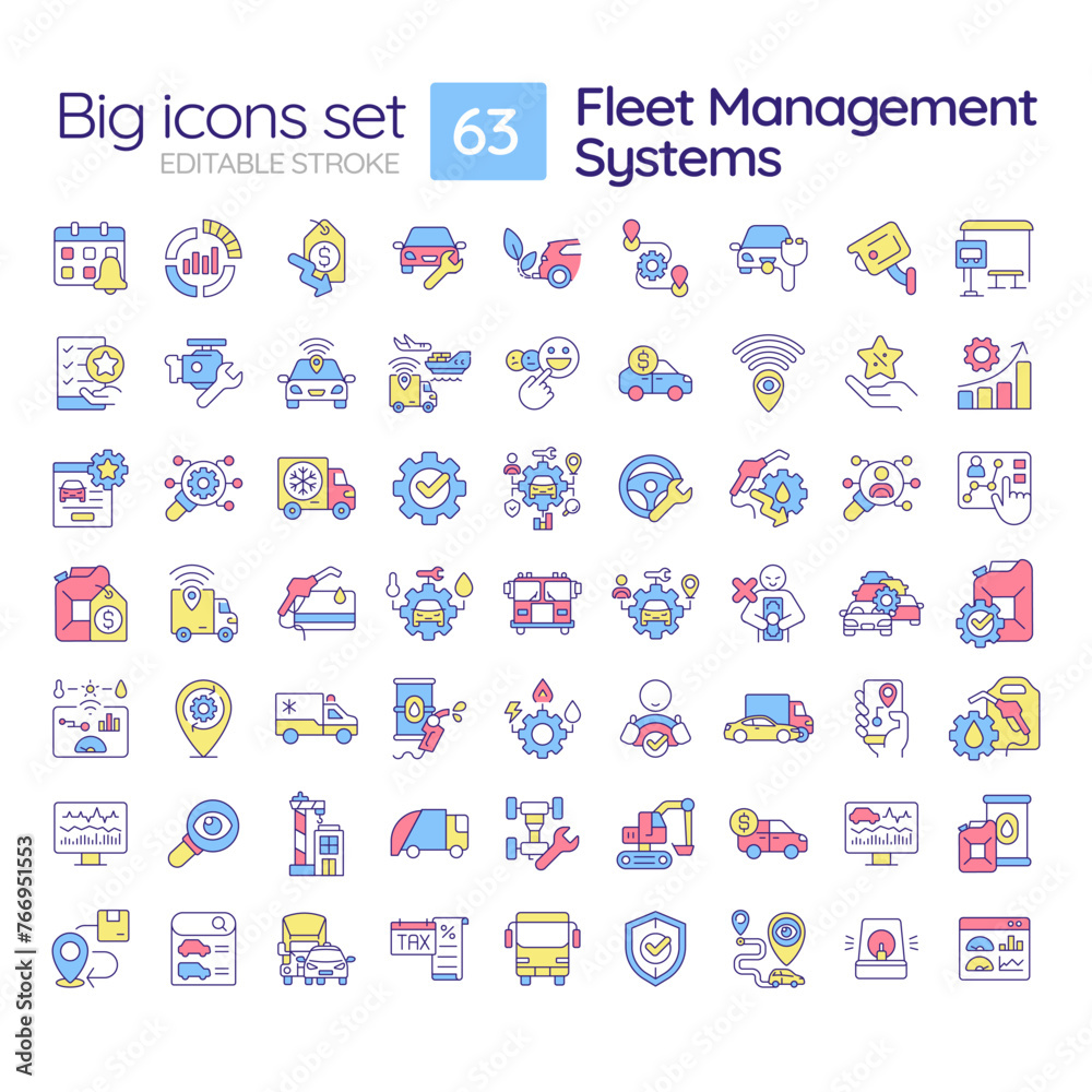 Fototapeta premium Fleet management systems RGB color icons set. Route planning, vehicle tracking. Customer satisfaction. Isolated vector illustrations. Simple filled line drawings collection. Editable stroke