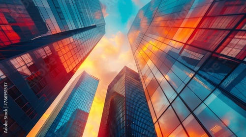 A cluster of modern skyscrapers towering over the city streets, showcasing the urban landscape with a mix of commercial and residential high-rise buildings