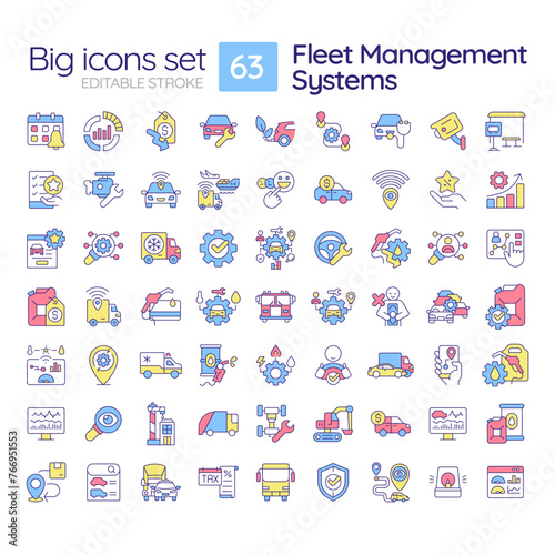 Fleet management systems RGB color icons set. Route planning, vehicle tracking. Customer satisfaction. Isolated vector illustrations. Simple filled line drawings collection. Editable stroke