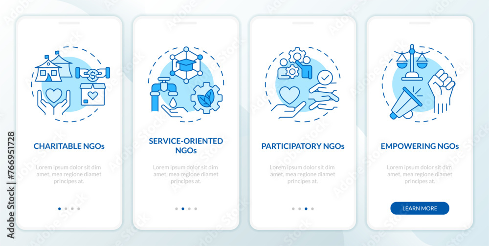 Categories of NGOs blue onboarding mobile app screen. NPOs walkthrough 4 steps editable graphic instructions with linear concepts. UI, UX, GUI template. Myriad Pro-Bold, Regular fonts used