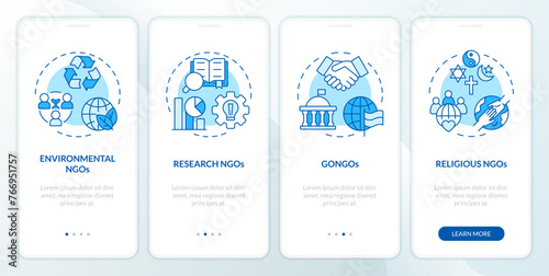 Types of NGOs blue onboarding mobile app screen. Nonprofits walkthrough 4 steps editable graphic instructions with linear concepts. UI, UX, GUI template. Myriad Pro-Bold, Regular fonts used